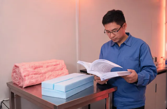 Engineer reviewing ICC-ES evaluation report with insulation samples