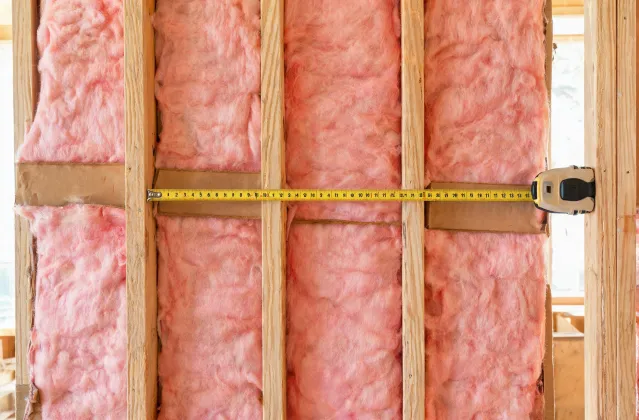 Fiberglass insulation batts with kraft facing in a wood stud wall