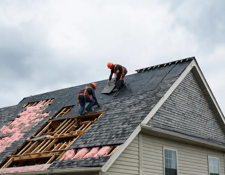 Crew installing Owens Corning architectural shingles on a steep-slope residential roof