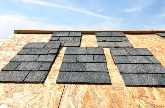 Architectural shingle color board on a roof mock-up deck