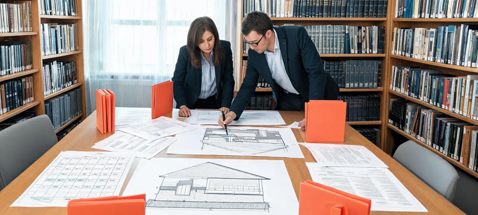 Engineers reviewing specification sheets and CAD drawings for roofing and insulation
